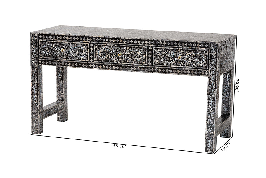 bali & pari Elara Coastal Black and White Mother of Pearl Capiz Shell 3-Drawer Console Table