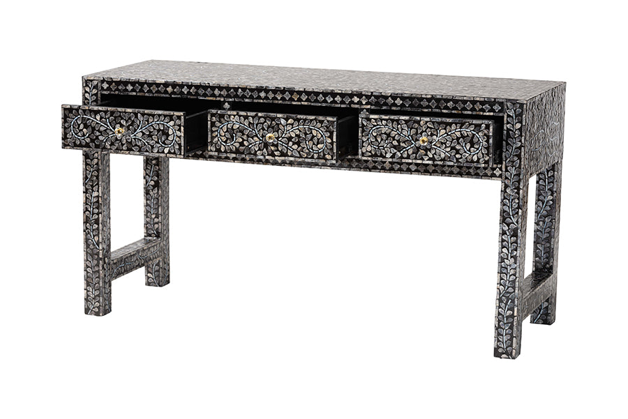 bali & pari Elara Coastal Black and White Mother of Pearl Capiz Shell 3-Drawer Console Table
