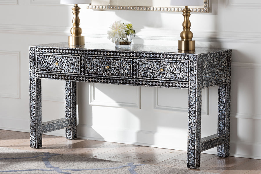bali & pari Elara Coastal Black and White Mother of Pearl Capiz Shell 3-Drawer Console Table