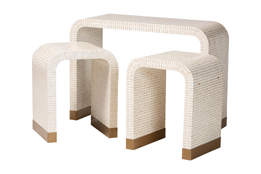 bali & pari Carlyn Coastal Beige and White Mother of Pearl Capiz Shell 3-Piece Accent Table Set