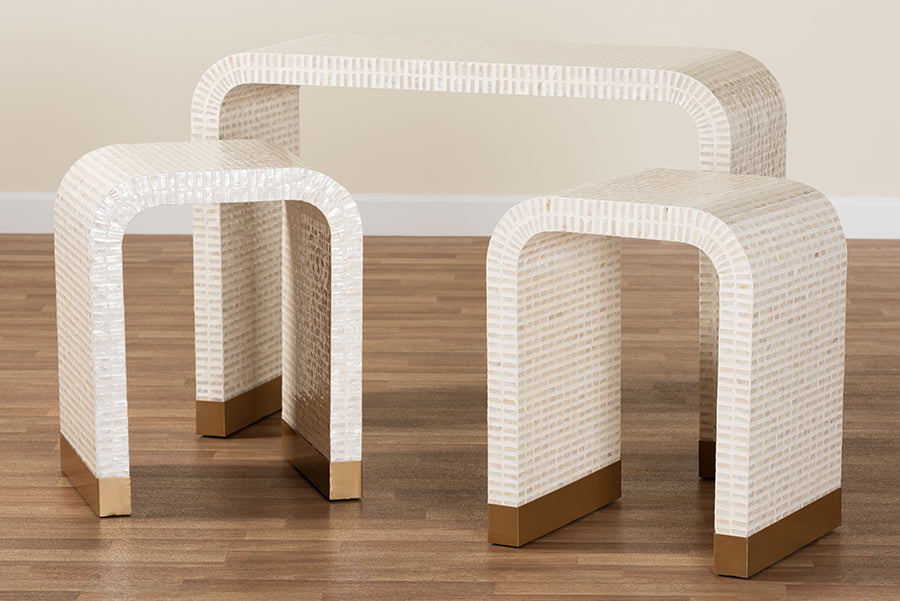 bali & pari Carlyn Coastal Beige and White Mother of Pearl Capiz Shell 3-Piece Accent Table Set