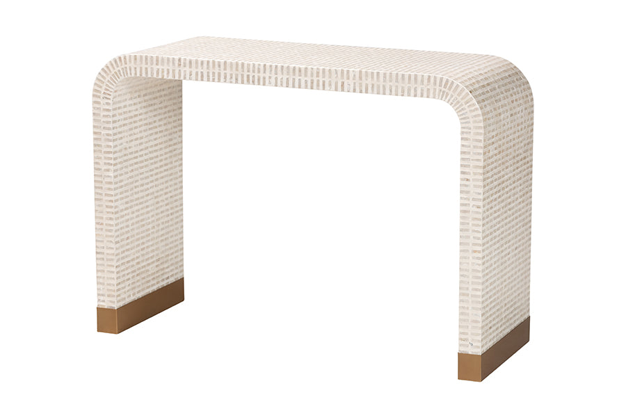 bali & pari Carlyn Coastal Beige and White Mother of Pearl Capiz Shell Console Table