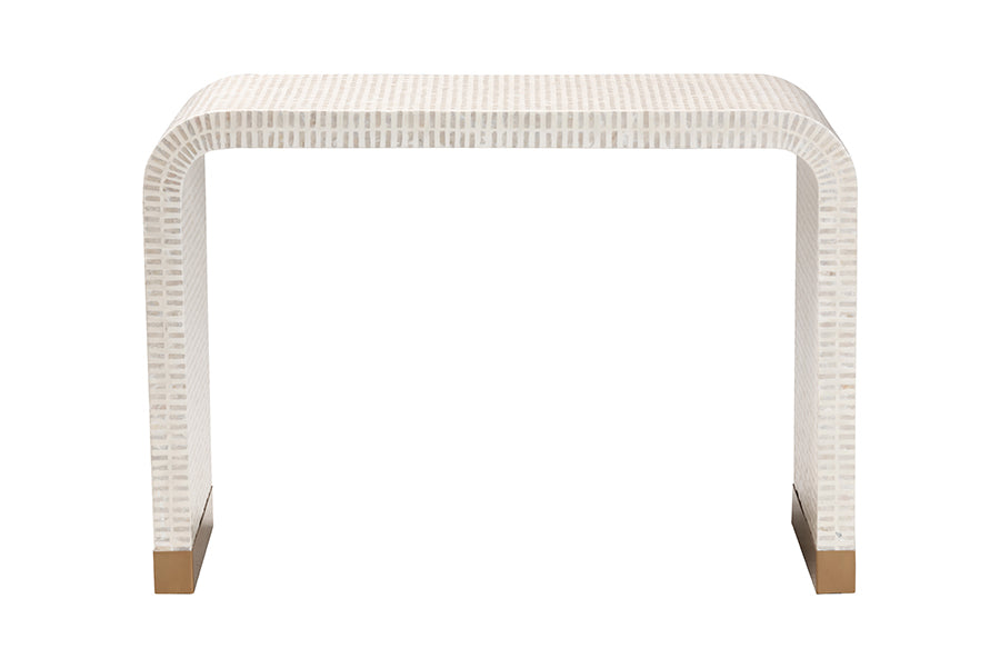bali & pari Carlyn Coastal Beige and White Mother of Pearl Capiz Shell Console Table
