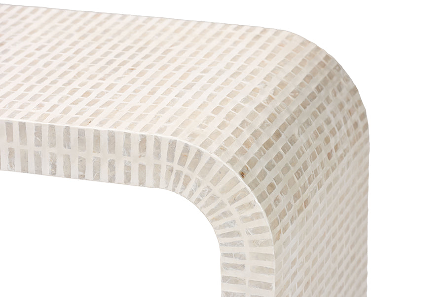 bali & pari Carlyn Coastal Beige and White Mother of Pearl Capiz Shell Console Table