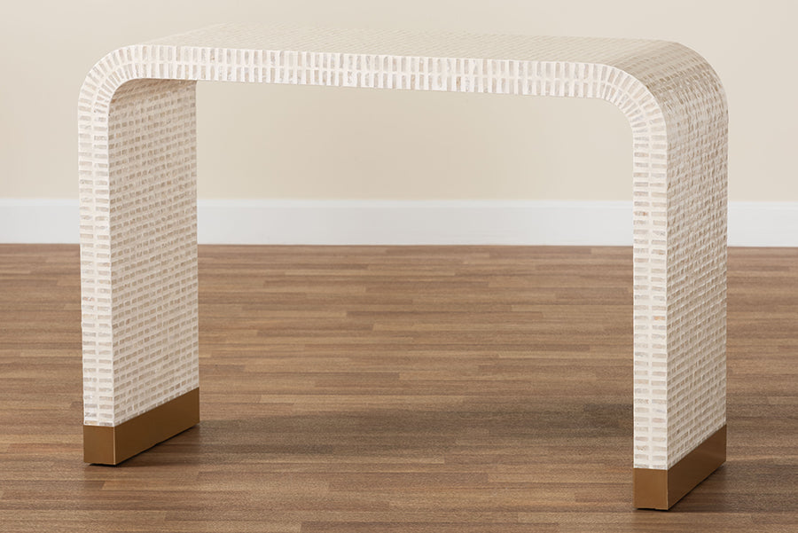 bali & pari Carlyn Coastal Beige and White Mother of Pearl Capiz Shell Console Table