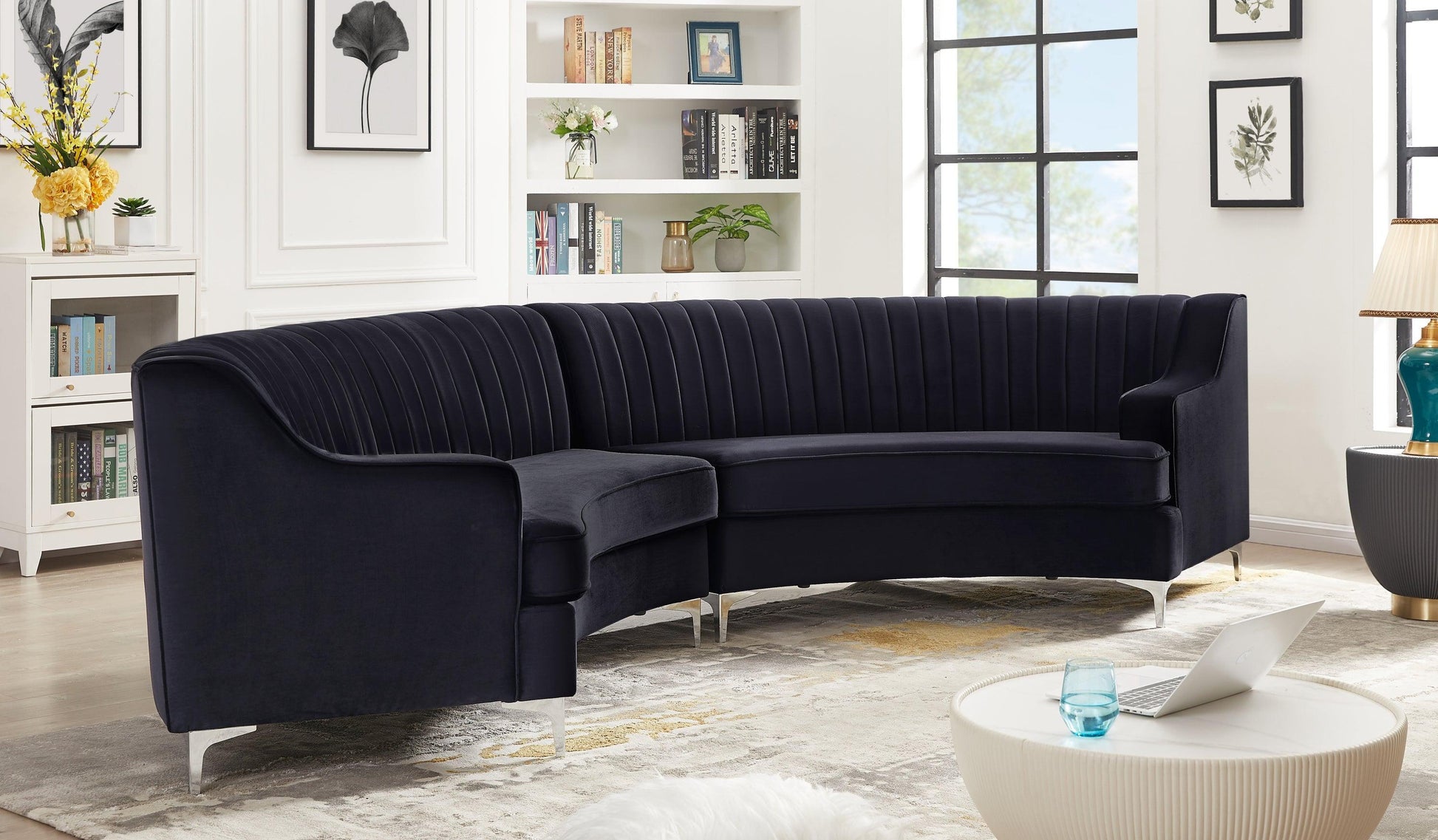 140" Black Velvet Curved Sofa FredCo