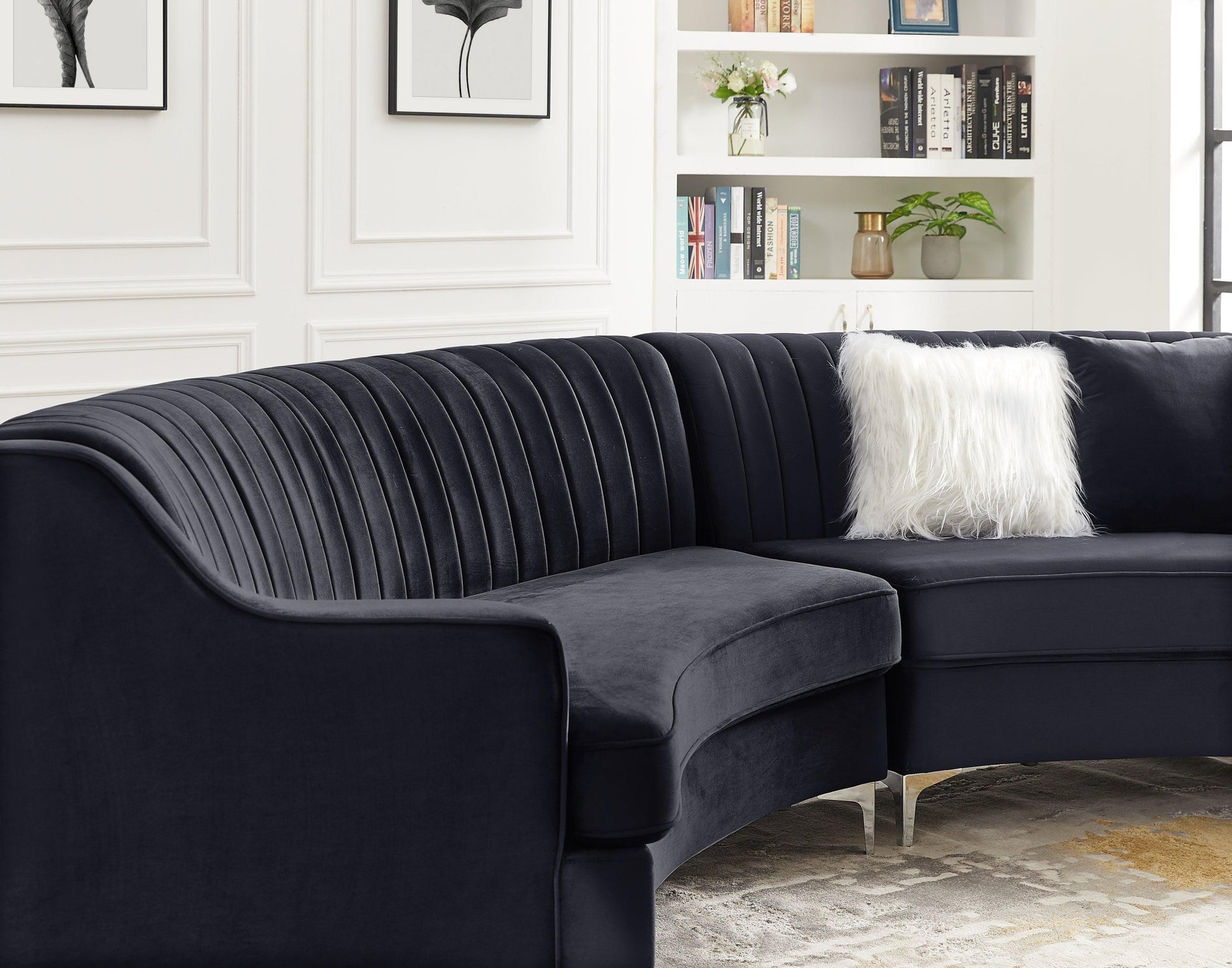 140" Black Velvet Curved Sofa FredCo