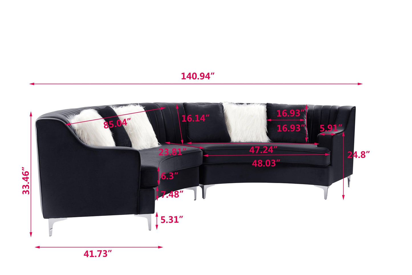 140" Black Velvet Curved Sofa FredCo