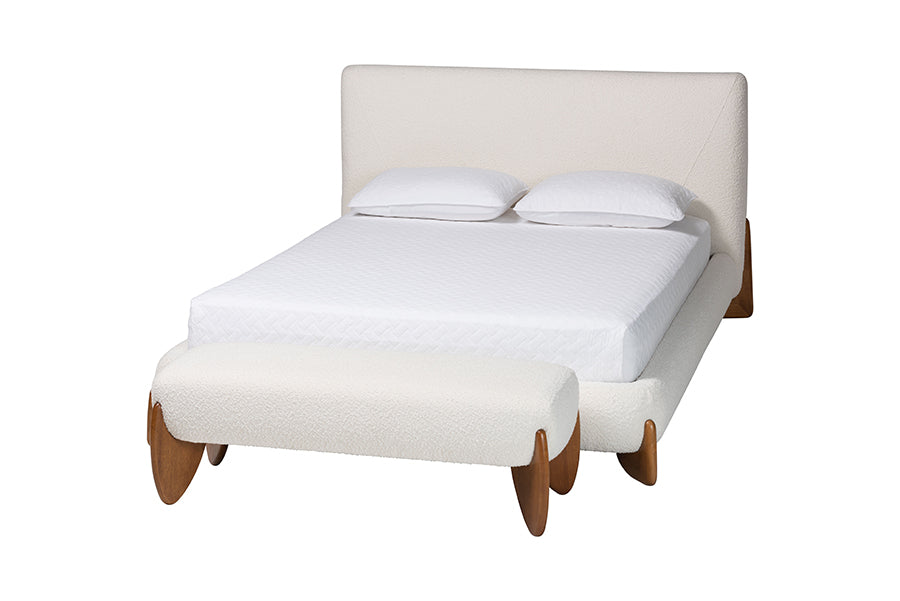 Baxton Studio Vinicio Mid-Century Modern Cream Boucle Queen Size 2-Piece Bedroom Set