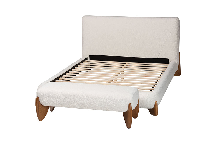 Baxton Studio Vinicio Mid-Century Modern Cream Boucle King 2-Piece Bedroom Set