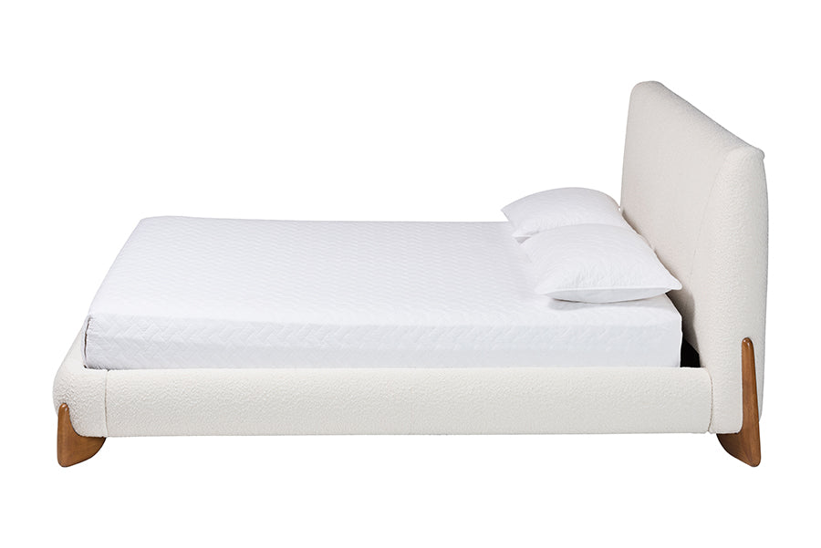 Baxton Studio Vinicio Mid-Century Modern Cream Boucle Queen Platform Bed