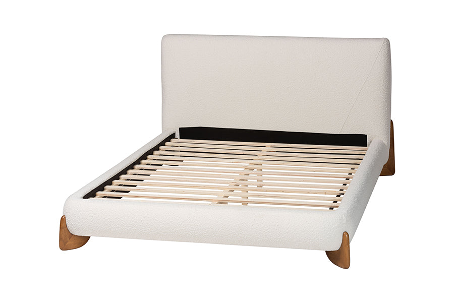 Baxton Studio Vinicio Mid-Century Modern Cream Boucle Queen Platform Bed