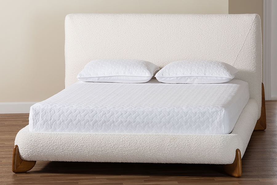 Baxton Studio Vinicio Mid-Century Modern Cream Boucle Queen Platform Bed