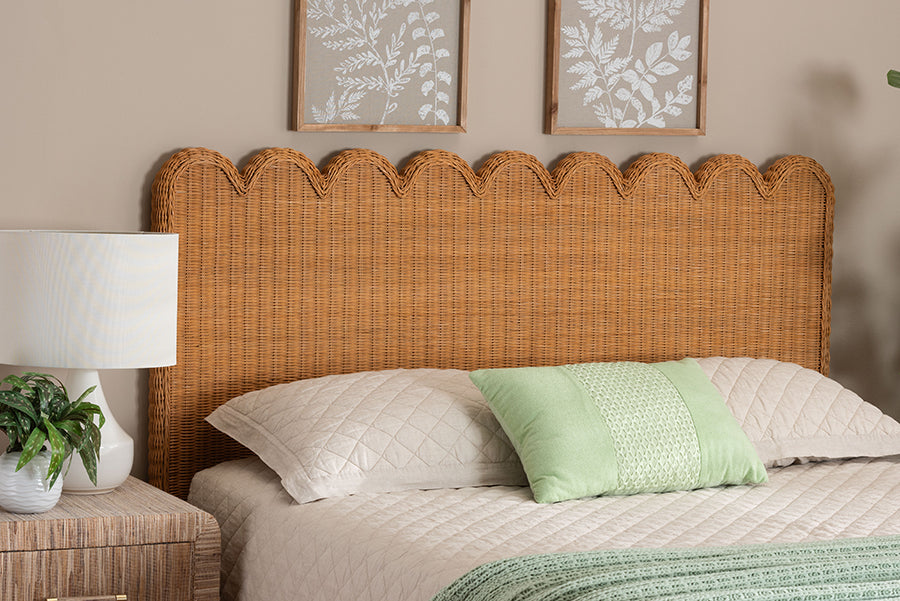 bali & pari Maritza Bohemian Light Honey Scalloped Rattan Pitrit King Standalone Headboard