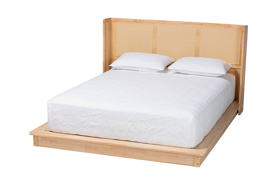 Baxton Studio Glennis Japandi Natural Brown Wood Queen Size Platform Bed with Woven Rattan