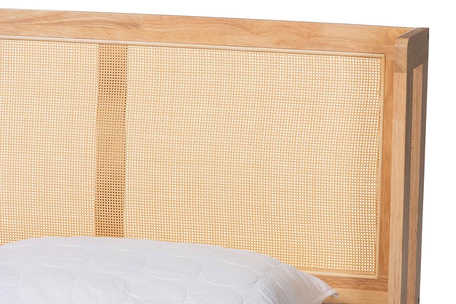 Baxton Studio Glennis Japandi Natural Brown Wood Queen Size Platform Bed with Woven Rattan
