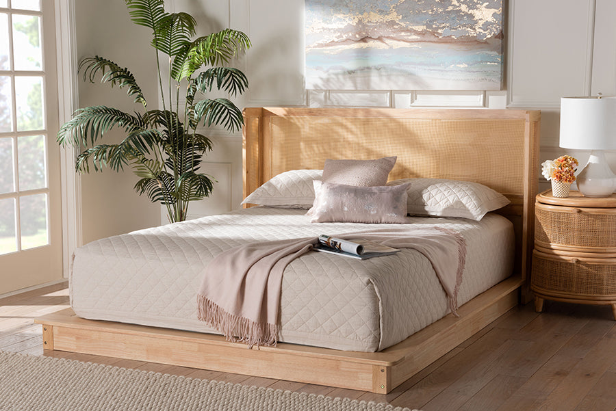 Baxton Studio Glennis Japandi Natural Brown Wood Queen Size Platform Bed with Woven Rattan