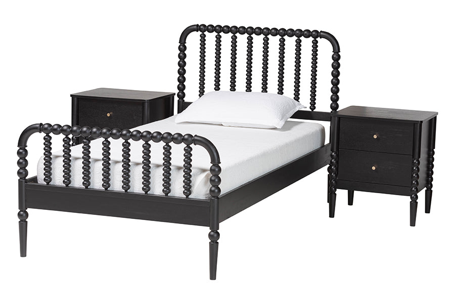 Baxton Studio Lucera Mid-Century Black Twin Size 3-Piece Bobbin Bedroom Set