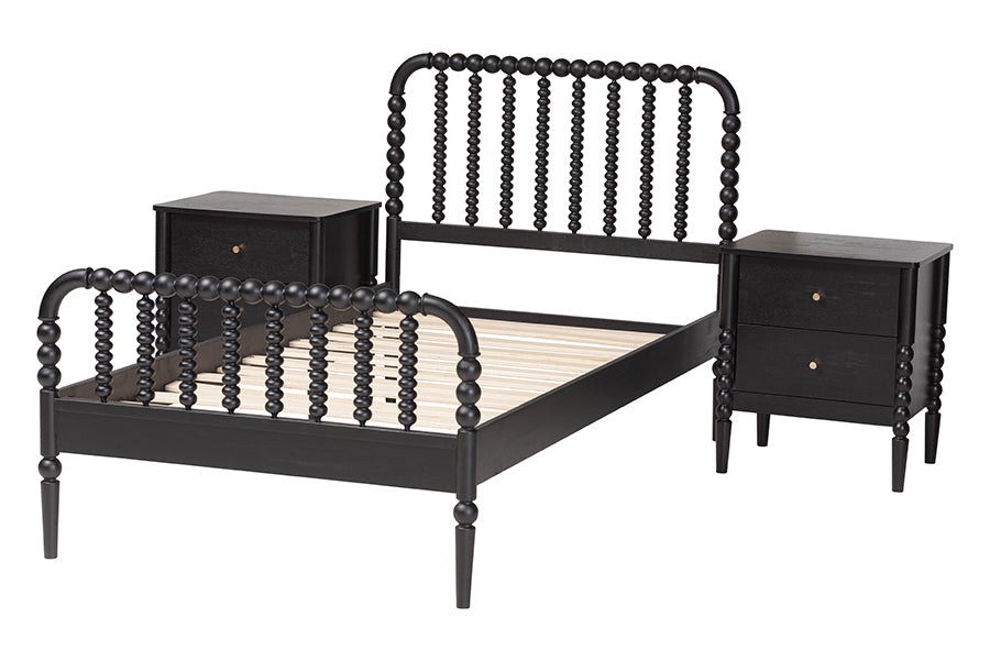 Baxton Studio Lucera Mid-Century Black Twin Size 3-Piece Bobbin Bedroom Set