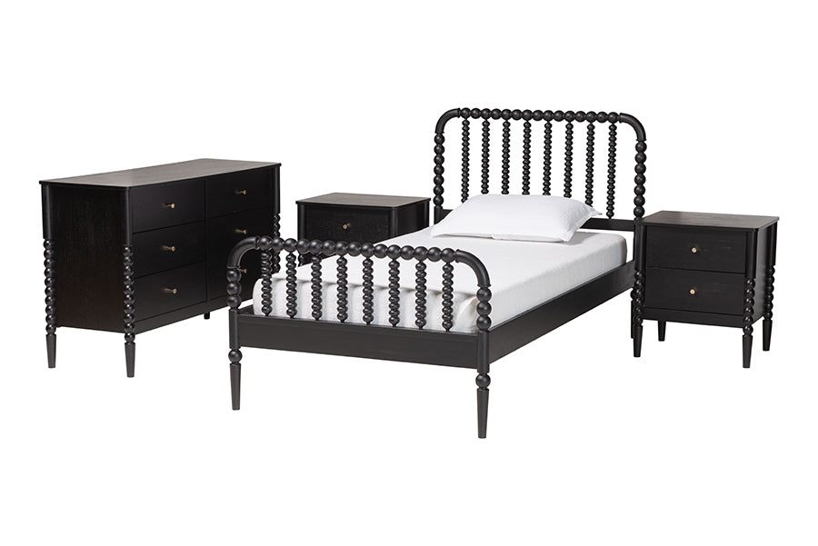 Baxton Studio Lucera Mid-Century Black Twin Size 4-Piece Bobbin Bedroom Set
