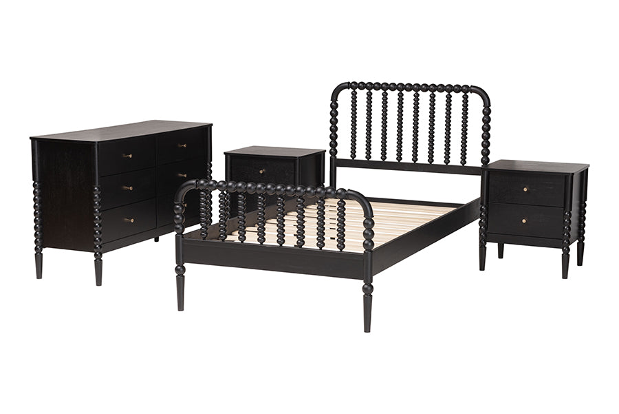 Baxton Studio Lucera Mid-Century Black Twin Size 4-Piece Bobbin Bedroom Set