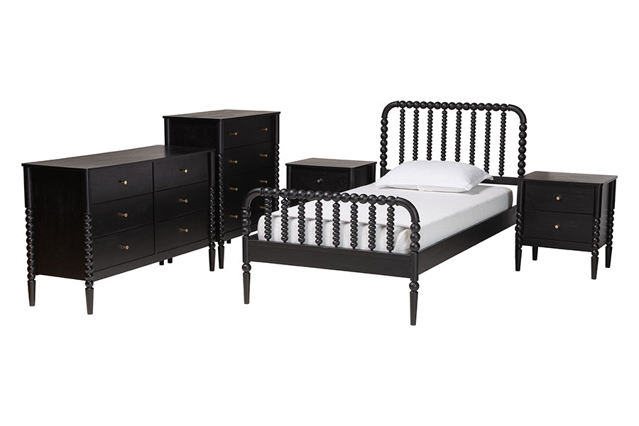 Baxton Studio Lucera Mid-Century Black Twin Size 5-Piece Bobbin Bedroom Set