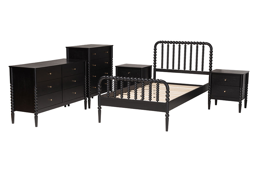 Baxton Studio Lucera Mid-Century Black Twin Size 5-Piece Bobbin Bedroom Set