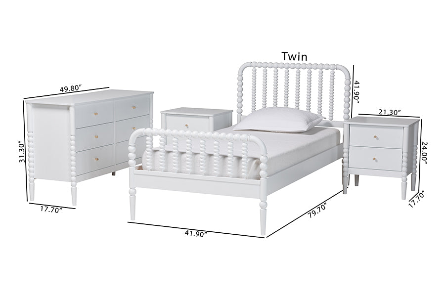 Baxton Studio Lucera Mid-Century White Twin Size 4-Piece Bobbin Bedroom Set