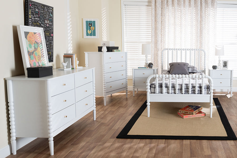 Baxton Studio Lucera Mid-Century White Twin Size 5-Piece Bobbin Bedroom Set