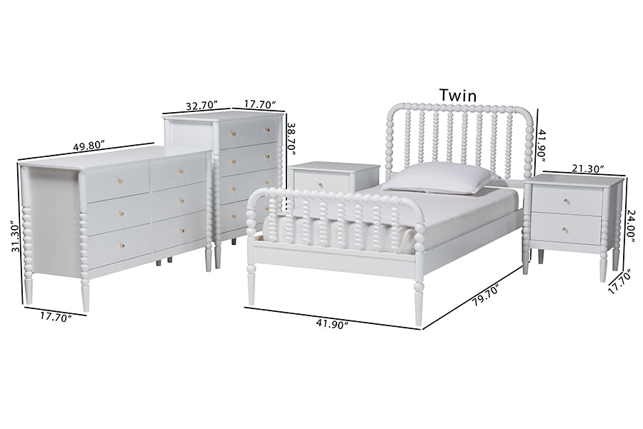 Baxton Studio Lucera Mid-Century White Twin Size 5-Piece Bobbin Bedroom Set