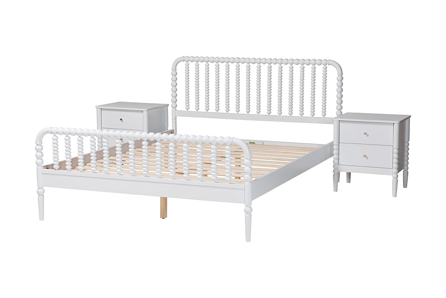 Baxton Studio Lucera Mid-Century White Queen Size 3-Piece Bobbin Bedroom Set