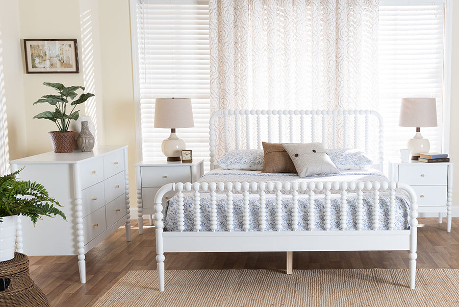 Baxton Studio Lucera Mid-Century White Full Size 4-Piece Bobbin Bedroom Set