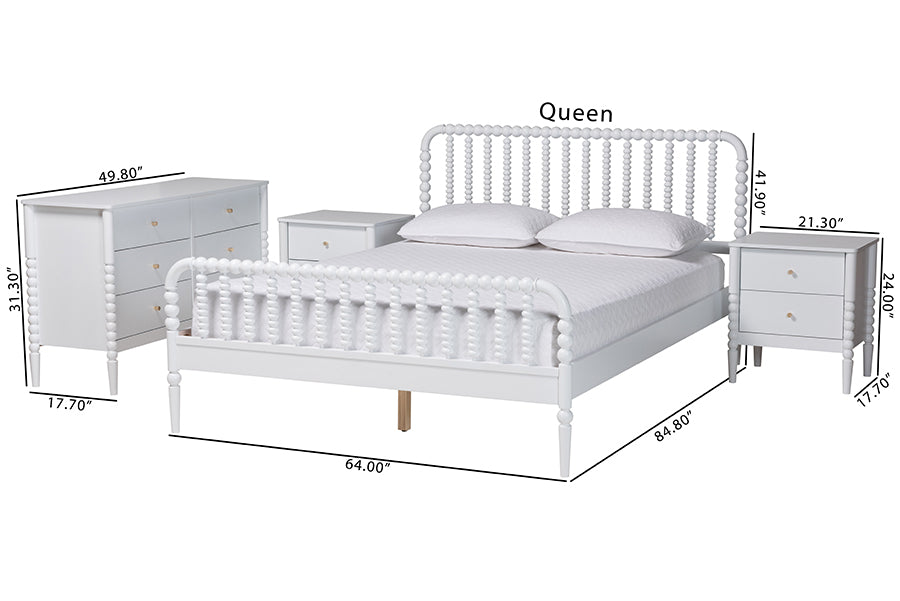 Baxton Studio Lucera Mid-Century White Queen Size 4-Piece Bobbin Bedroom Set
