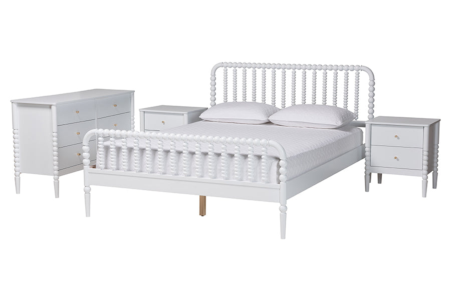 Baxton Studio Lucera Mid-Century White Queen Size 4-Piece Bobbin Bedroom Set
