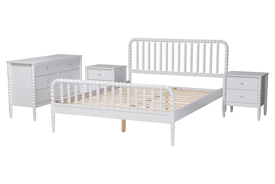 Baxton Studio Lucera Mid-Century White Queen Size 4-Piece Bobbin Bedroom Set