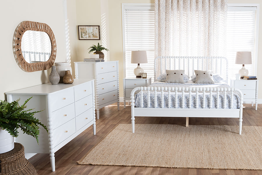 Baxton Studio Lucera Mid-Century White Queen Size 5-Piece Bobbin Bedroom Set