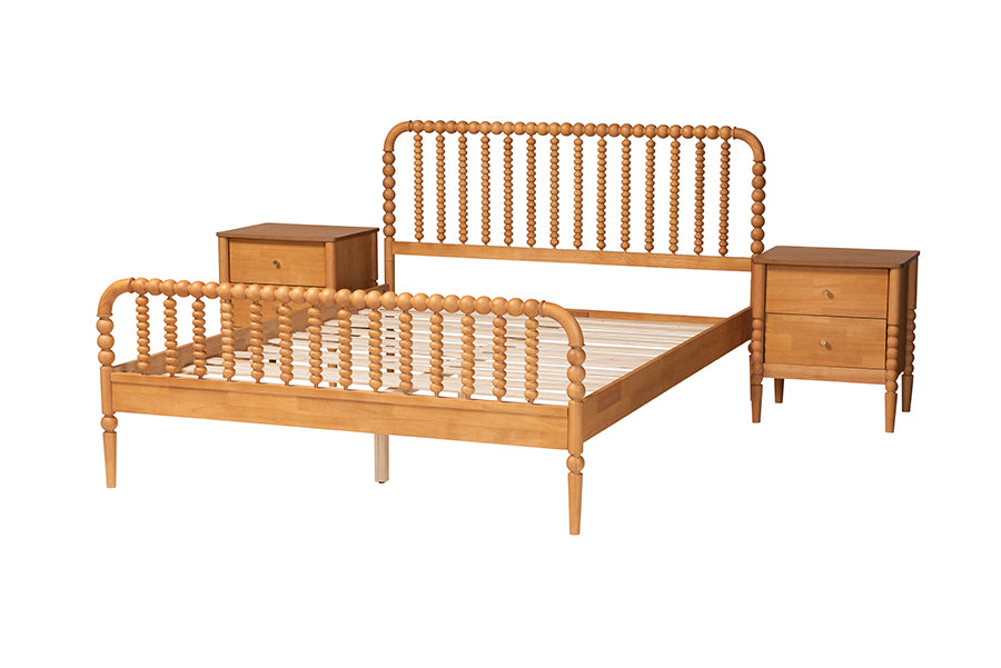 Baxton Studio Lucera Mid-Century Oak Brown Queen Size 3-Piece Bobbin Bedroom Set