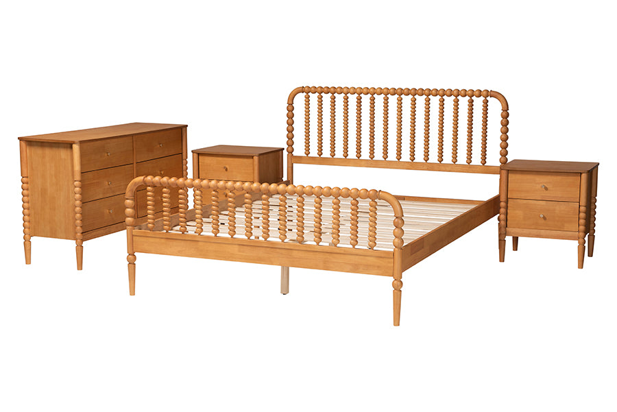 Baxton Studio Lucera Mid-Century Oak Brown Queen Size 4-Piece Bobbin Bedroom Set