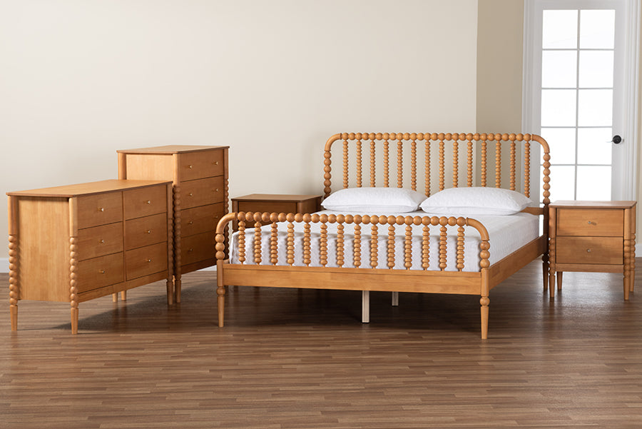 Baxton Studio Lucera Mid-Century Oak Brown Queen Size 5-Piece Bobbin Bedroom Set