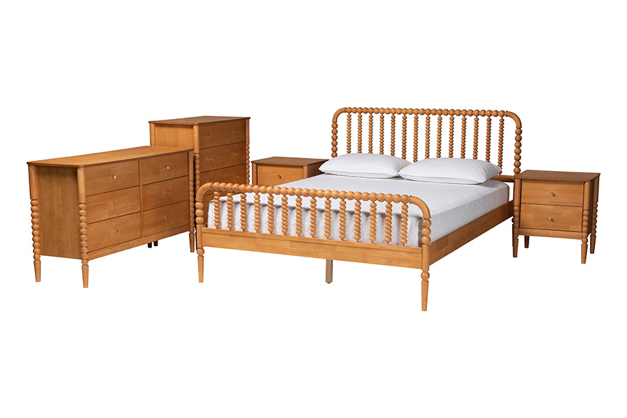 Baxton Studio Lucera Mid-Century Oak Brown Queen Size 5-Piece Bobbin Bedroom Set