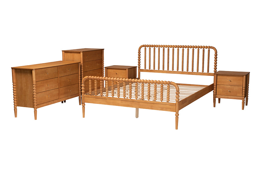 Baxton Studio Lucera Mid-Century Oak Brown Queen Size 5-Piece Bobbin Bedroom Set