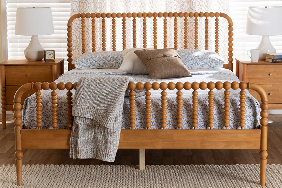 Baxton Studio Lucera Mid-Century Oak Brown Queen Size Bobbin Bed