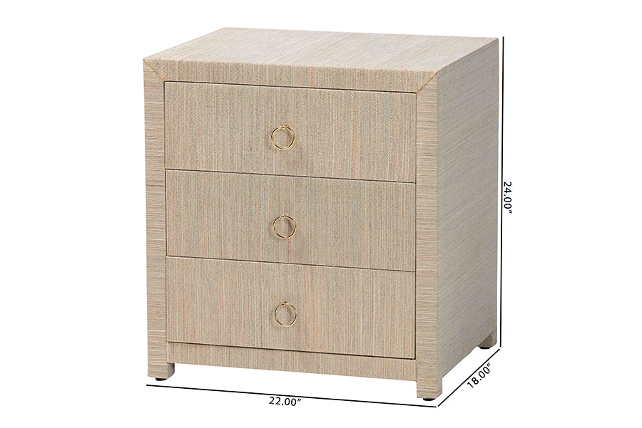 bali & pari Quinn Bohemian Woven Natural Grasscloth 3-Drawer Nightstand