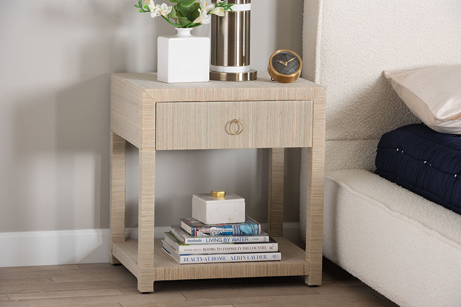 bali & pari Nata Bohemian Woven Natural Grasscloth 1-Drawer Nightstand