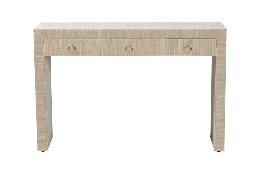 bali & pari Cielo Bohemian Woven Natural Grasscloth 3-Drawer Console Table