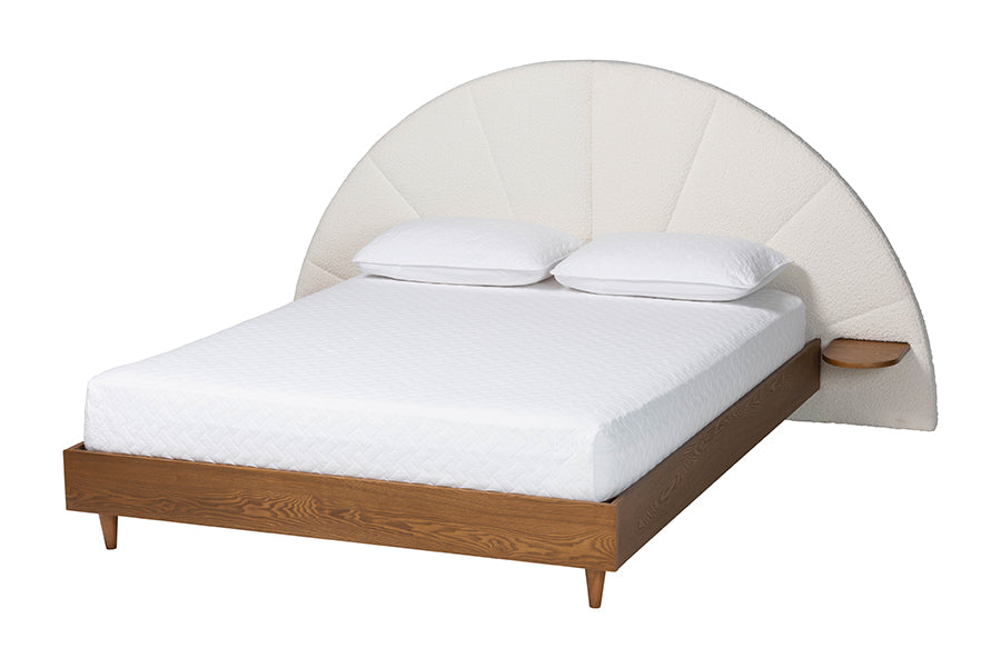 Baxton Studio Bernice Japandi Cream Boucle and Walnut Brown Wood Queen Bed