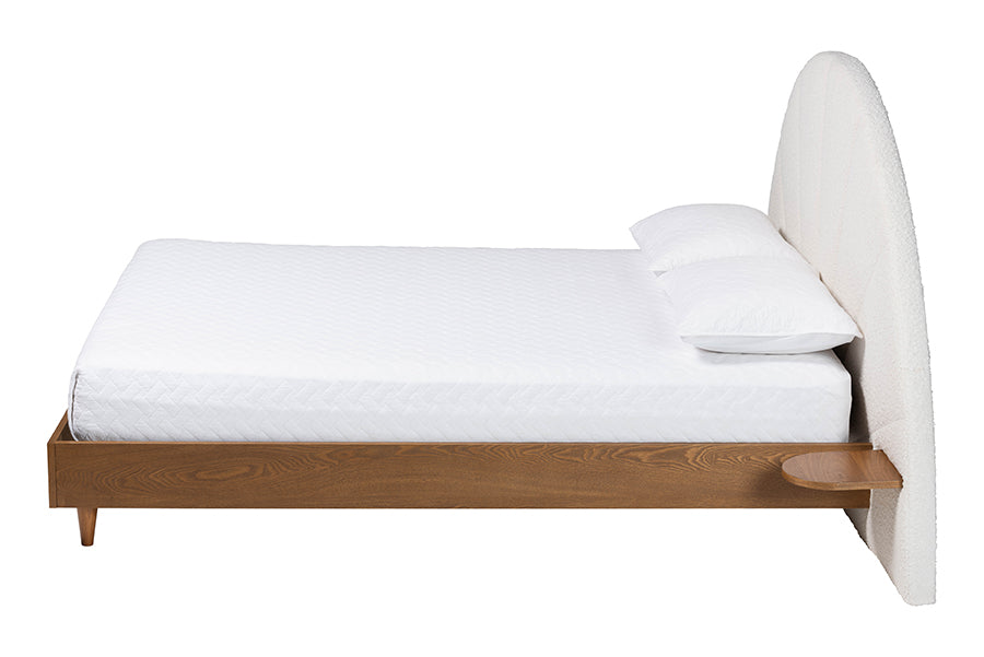 Baxton Studio Bernice Japandi Cream Boucle and Walnut Brown Wood Queen Bed