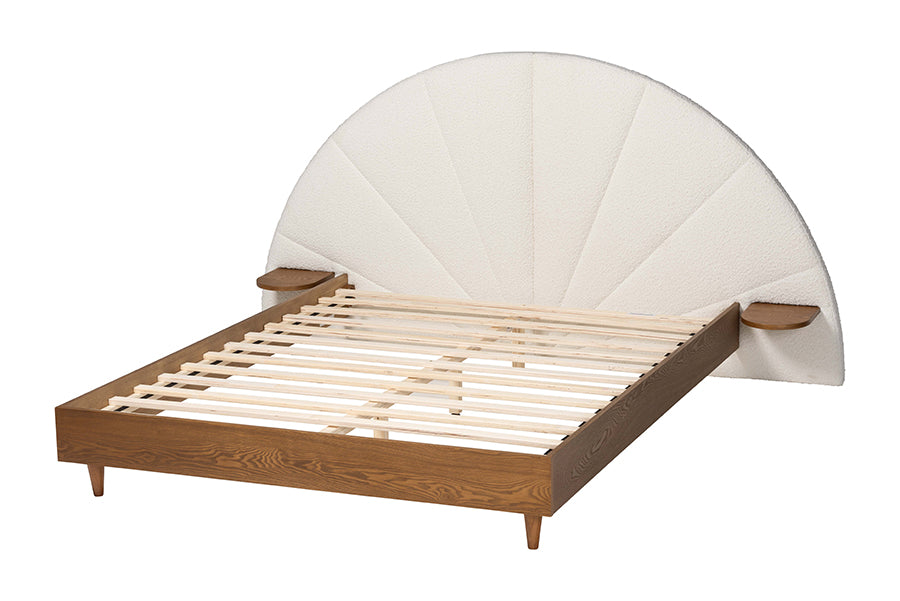 Baxton Studio Bernice Japandi Cream Boucle and Walnut Brown Wood King Bed