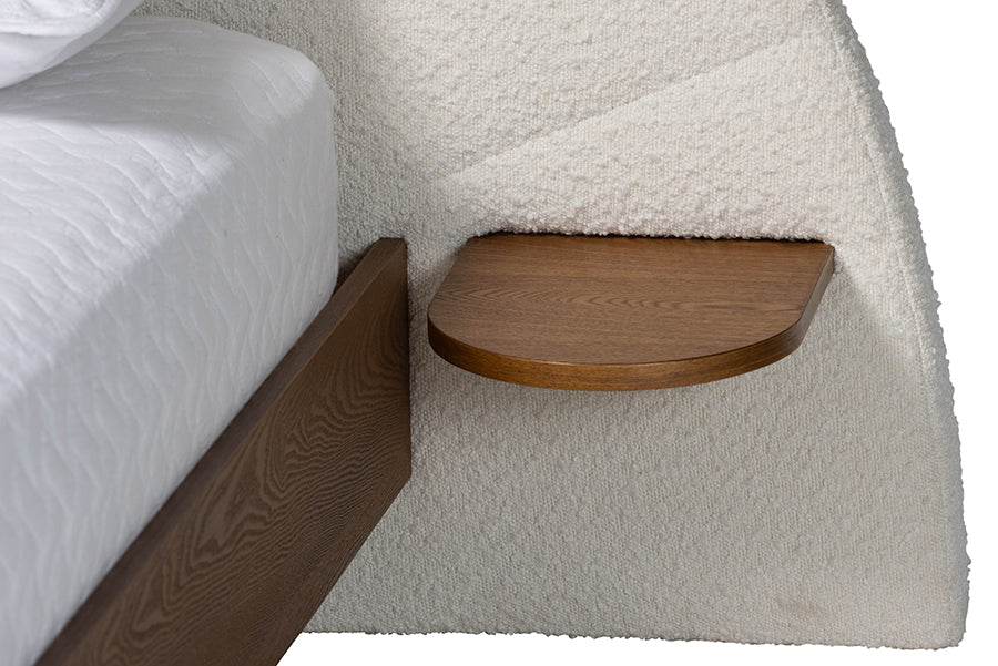Baxton Studio Bernice Japandi Cream Boucle and Walnut Brown Wood Queen Bed