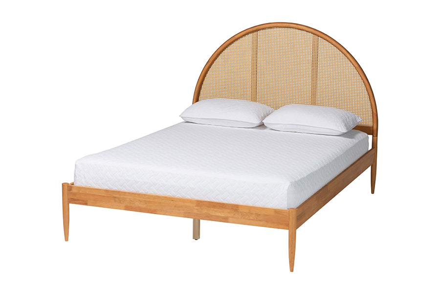 Baxton Studio Wrenley Japandi Oak Brown Wood Queen Bed with Antique Rattan